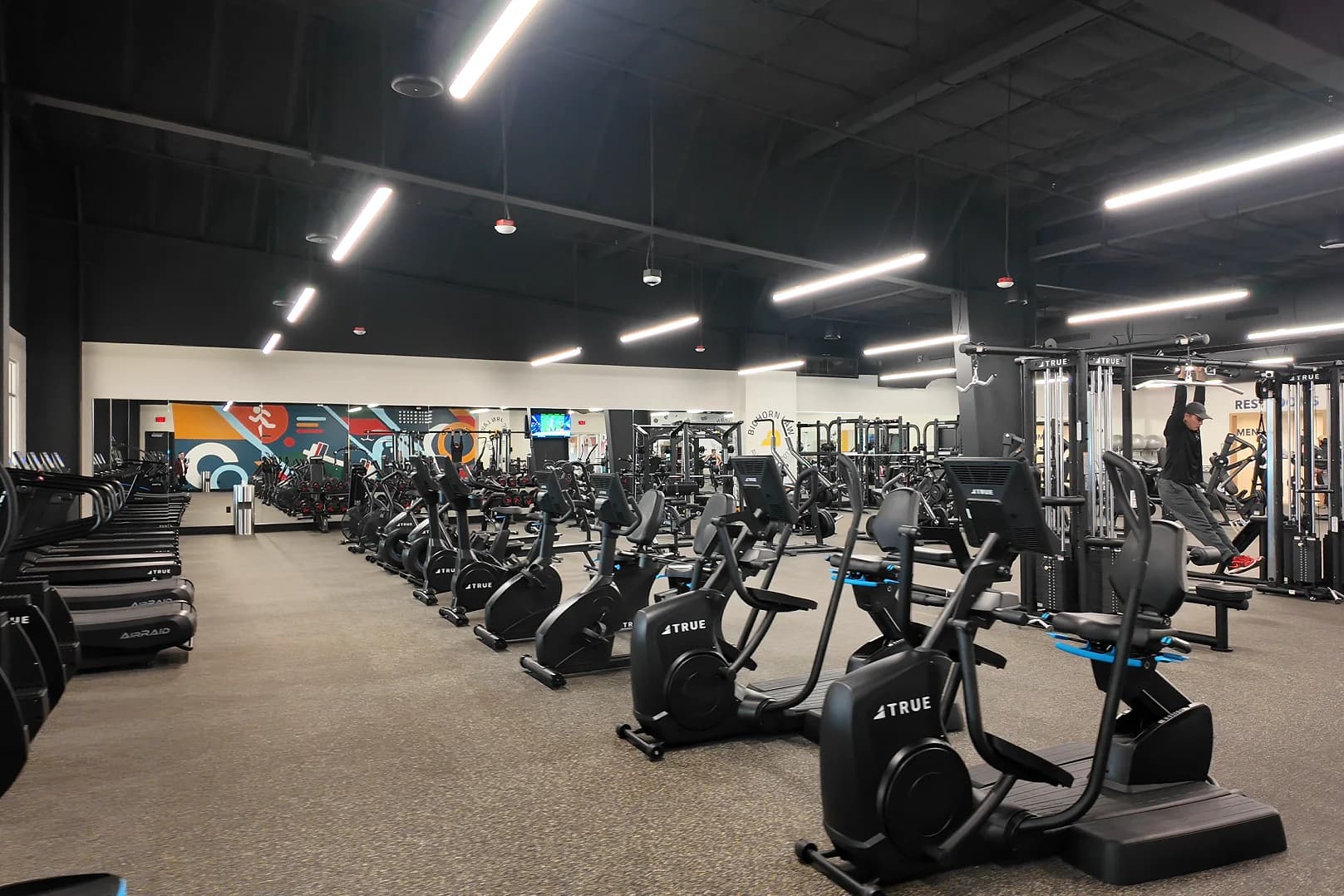 Rows of new TRUE ellipticals, steppers and treadmills on the fitness center floor at Henderson Sport & Social, with cable machines, a colorful wall mural and long LED lights across a black open ceiling