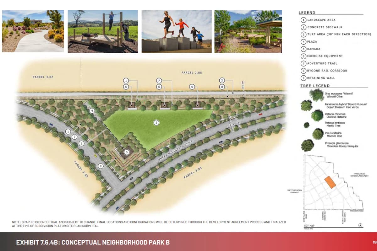 Conceptual site plan for Neighborhood Park B within the Monument Hills master plan, showing a turf area, plaza, ramada, exercise equipment, and an adventure trail, with inspiration photos and a plant legend