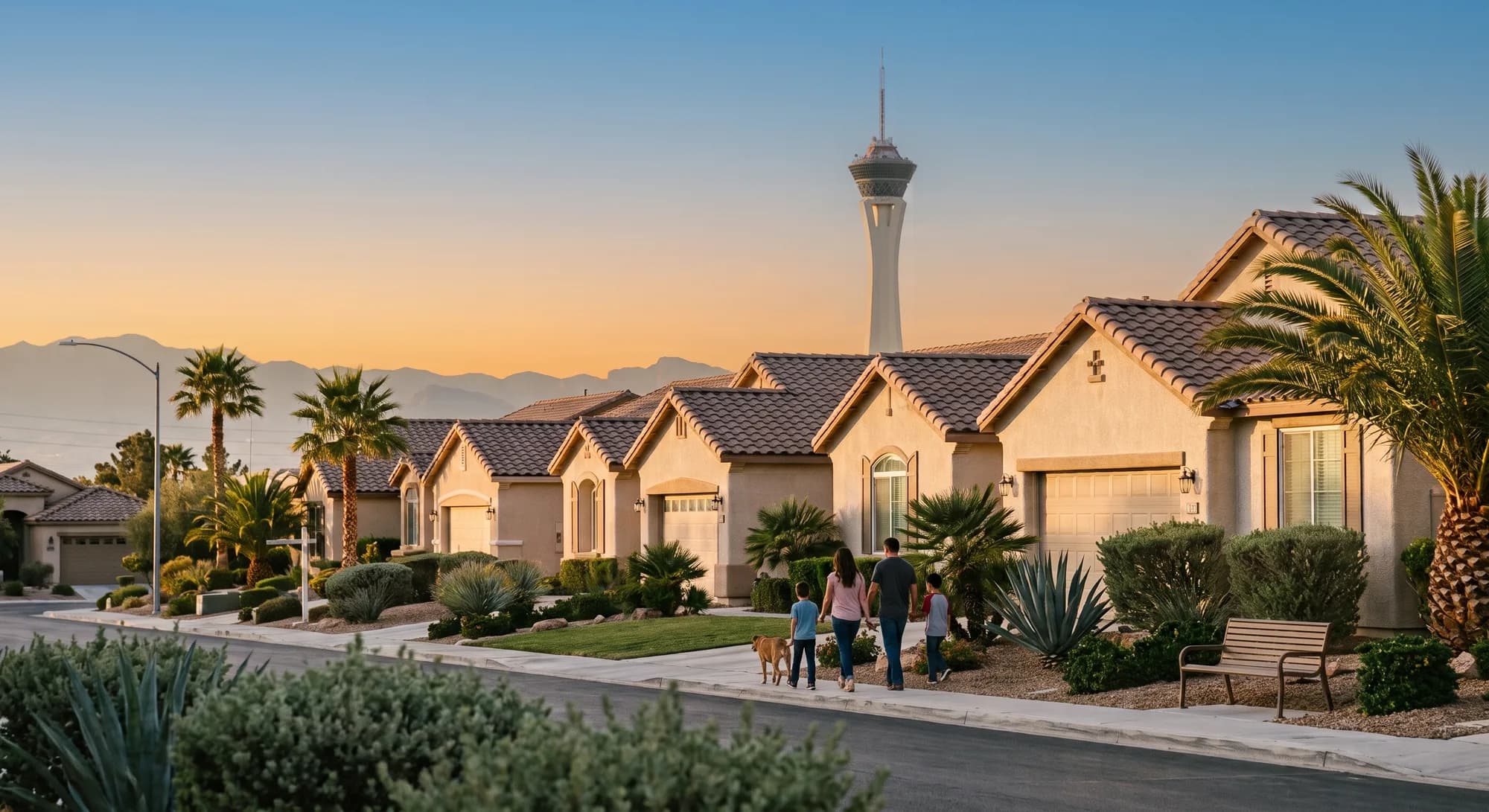 AI-generated illustration of a family and a dog walking down a suburban Las Vegas street at sunset, with palm trees, tile-roofed homes, and the Stratosphere Tower visible in the distance — not a photograph of a real location