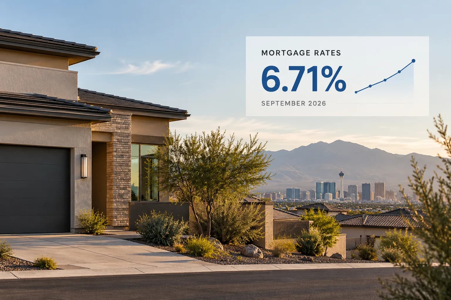 Editorial graphic of a Las Vegas home with mountain and skyline backdrop, with a stat callout reading Mortgage Rates 6.71%, September 2026