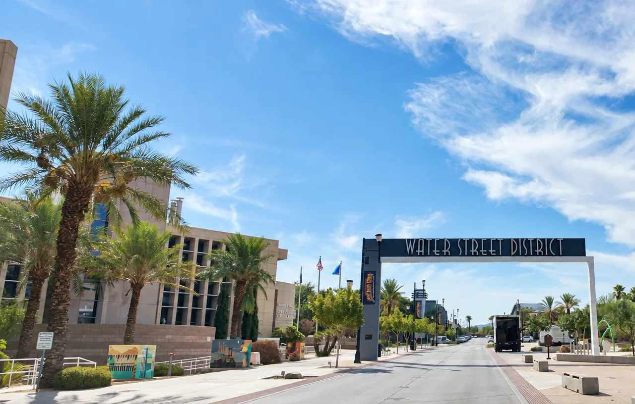 The Water Street District gateway arch spanning South Water Street in downtown Henderson